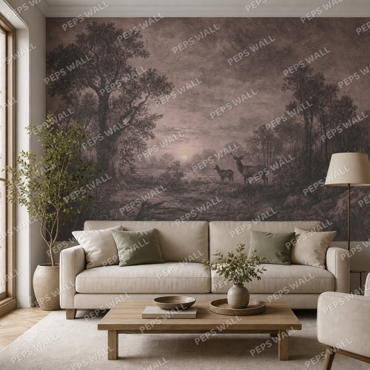 The Quiet Glade in Blush wallpaper in a Dubai living room - Peps Wall