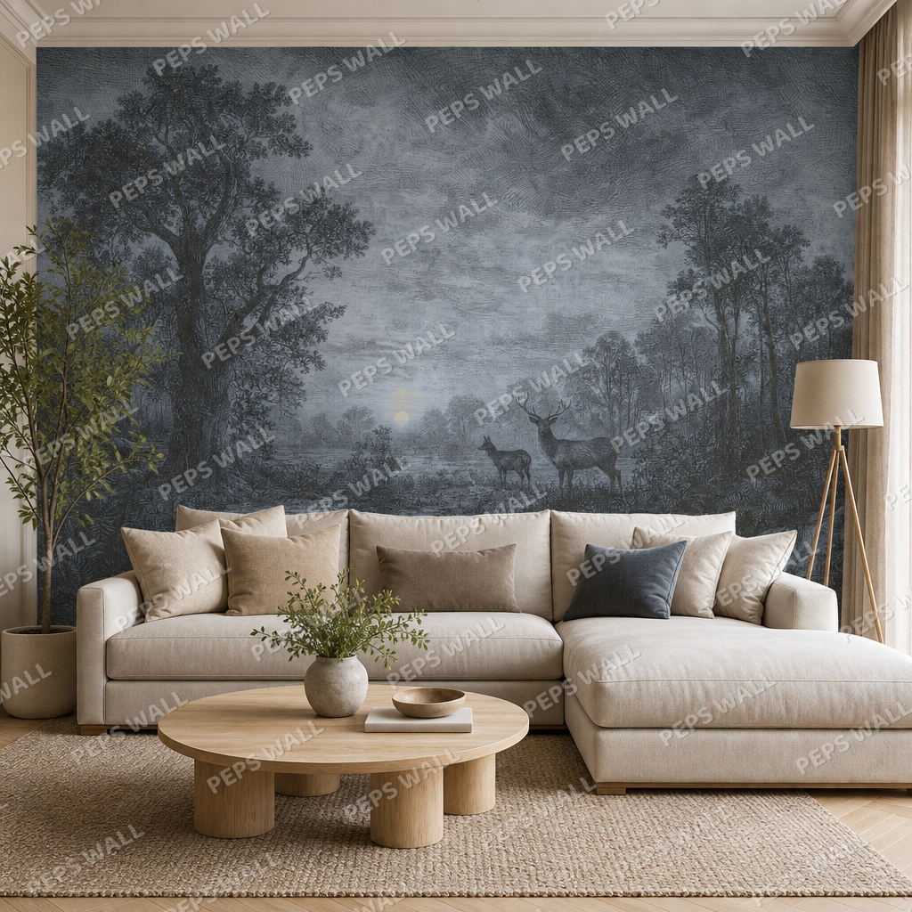 The Quiet Glade in Winter Blue wallpaper in a Dubai living room - Peps Wall