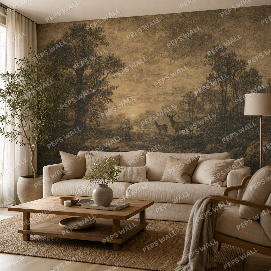 The Quiet Glade wallpaper in a Dubai living room - Peps Wall
