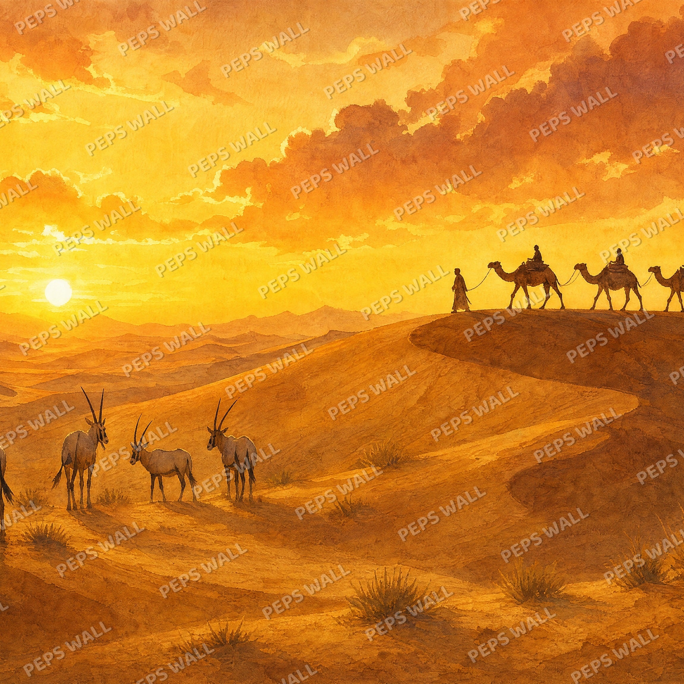 Desert Safari Sunset - Watercolor wallpaper design