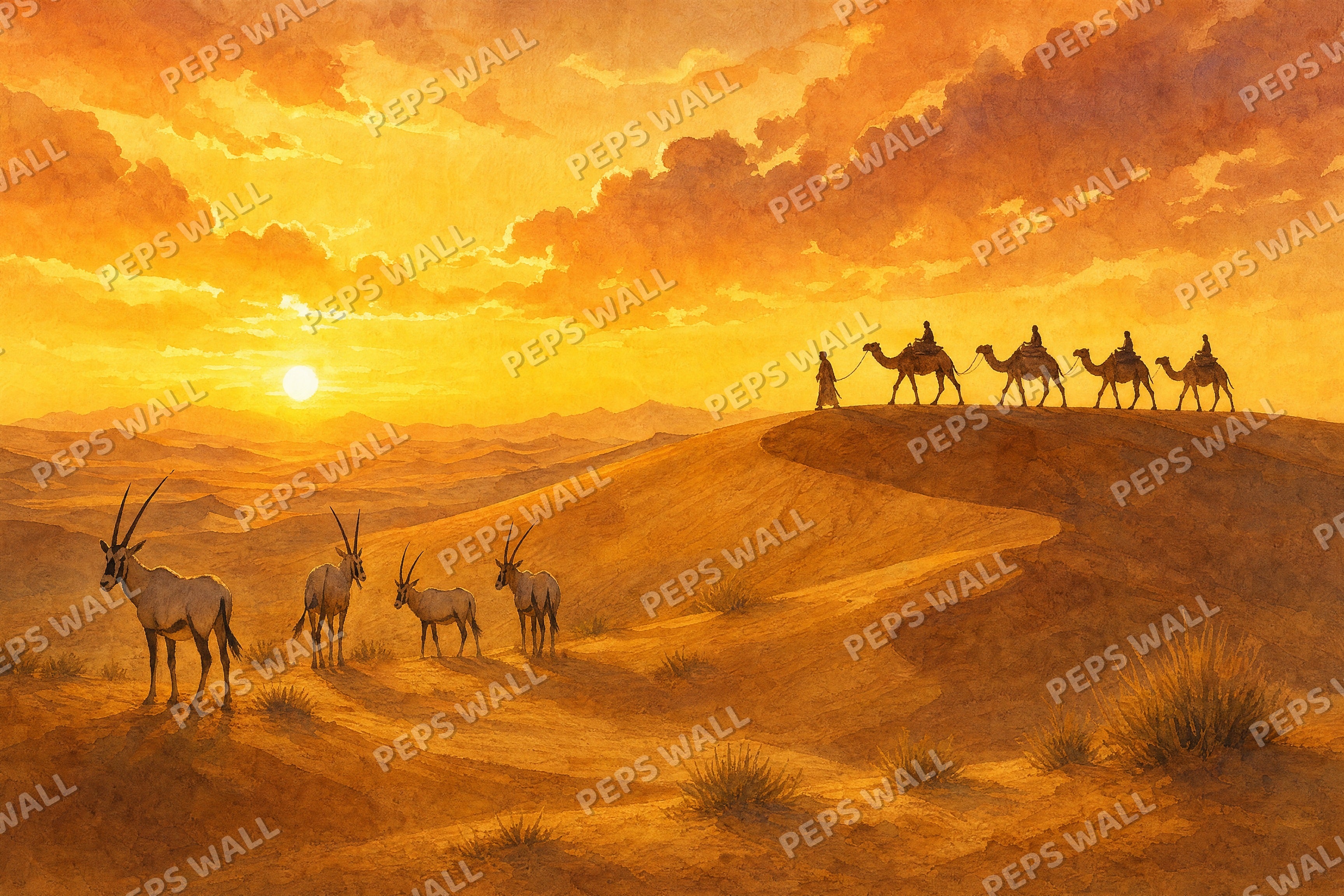 Desert Safari Sunset - Watercolor full wall mural design