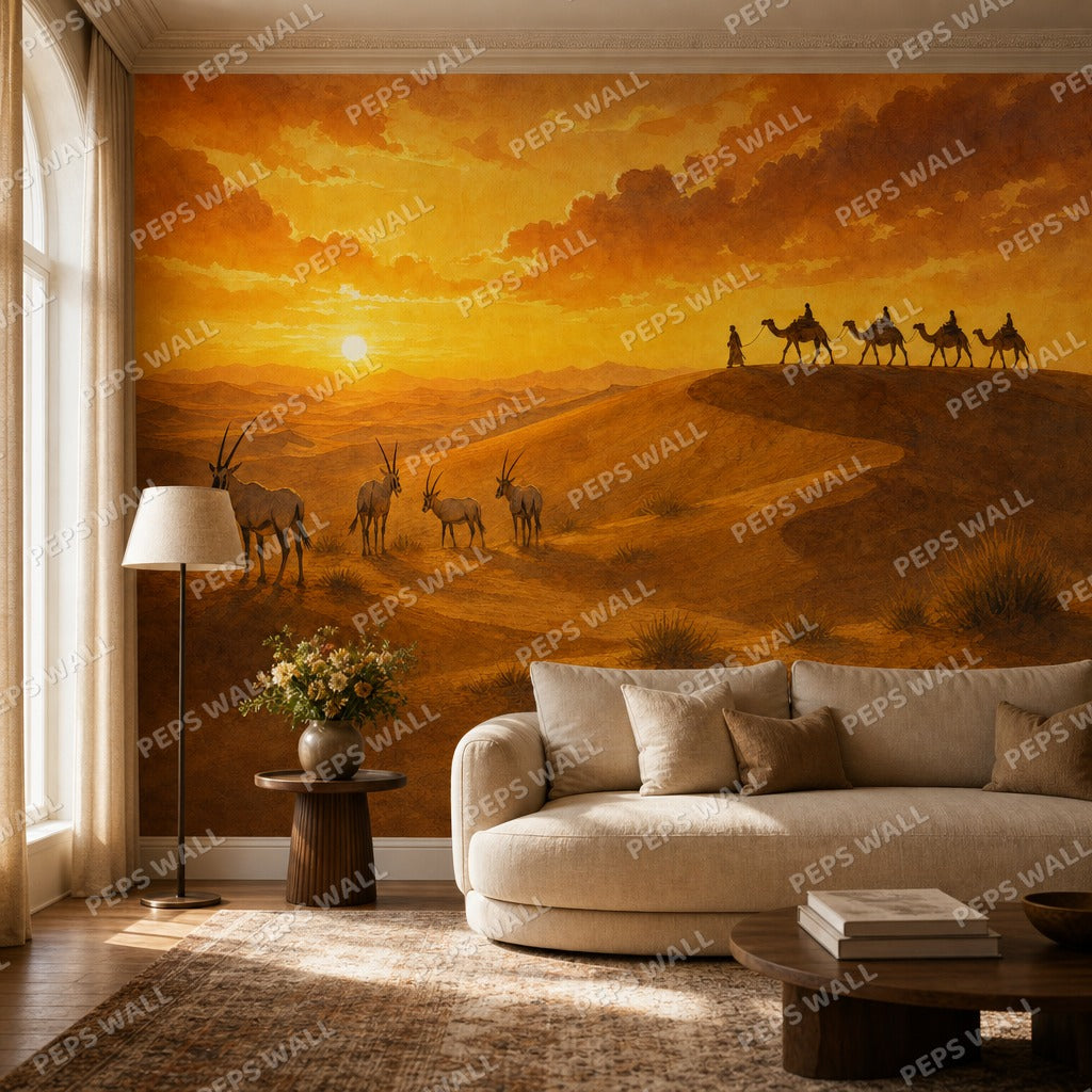 Desert Safari Sunset - Watercolor wallpaper mural — living room mockup