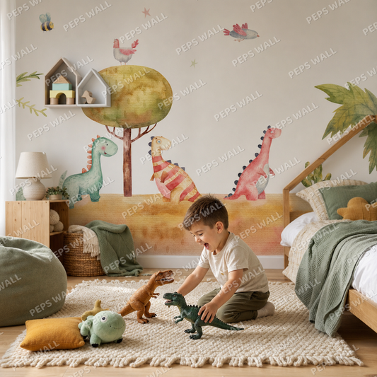 Dino Dreamland kids room wallpaper - custom mural printed and installed in Dubai