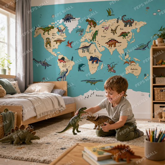 Dino Map - Blue kids room wallpaper - custom mural printed and installed in Dubai