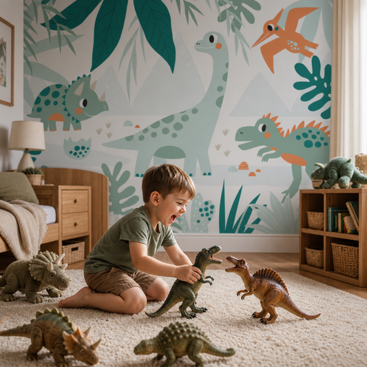 Dinos in Forrest kids room wallpaper - custom mural printed and installed in Dubai