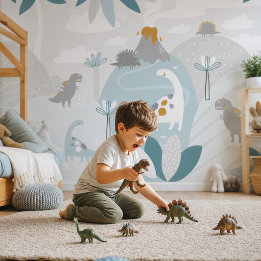 Dinos in hills kids room wallpaper - custom mural printed and installed in Dubai