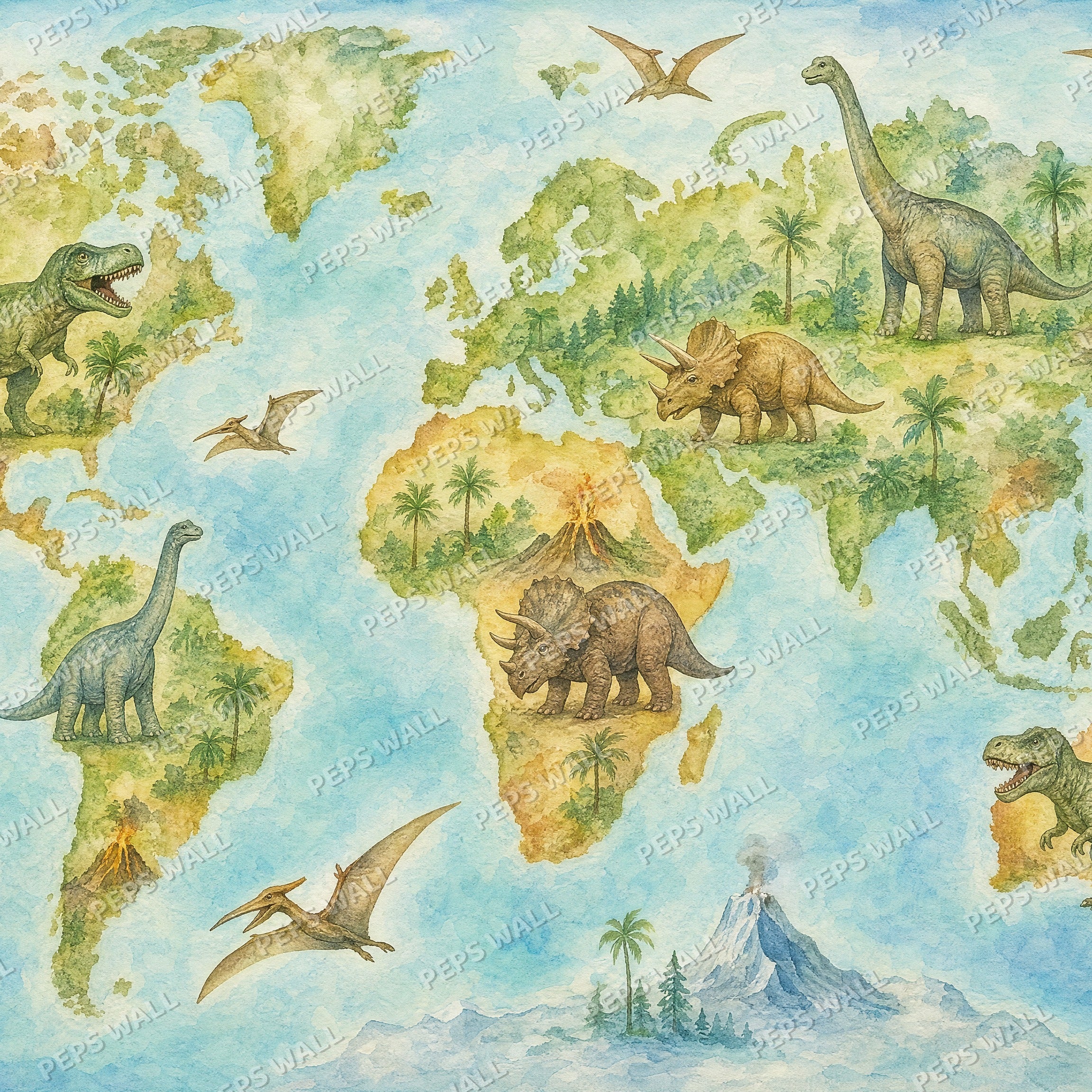 Dinosaur World Map - Watercolor wallpaper design