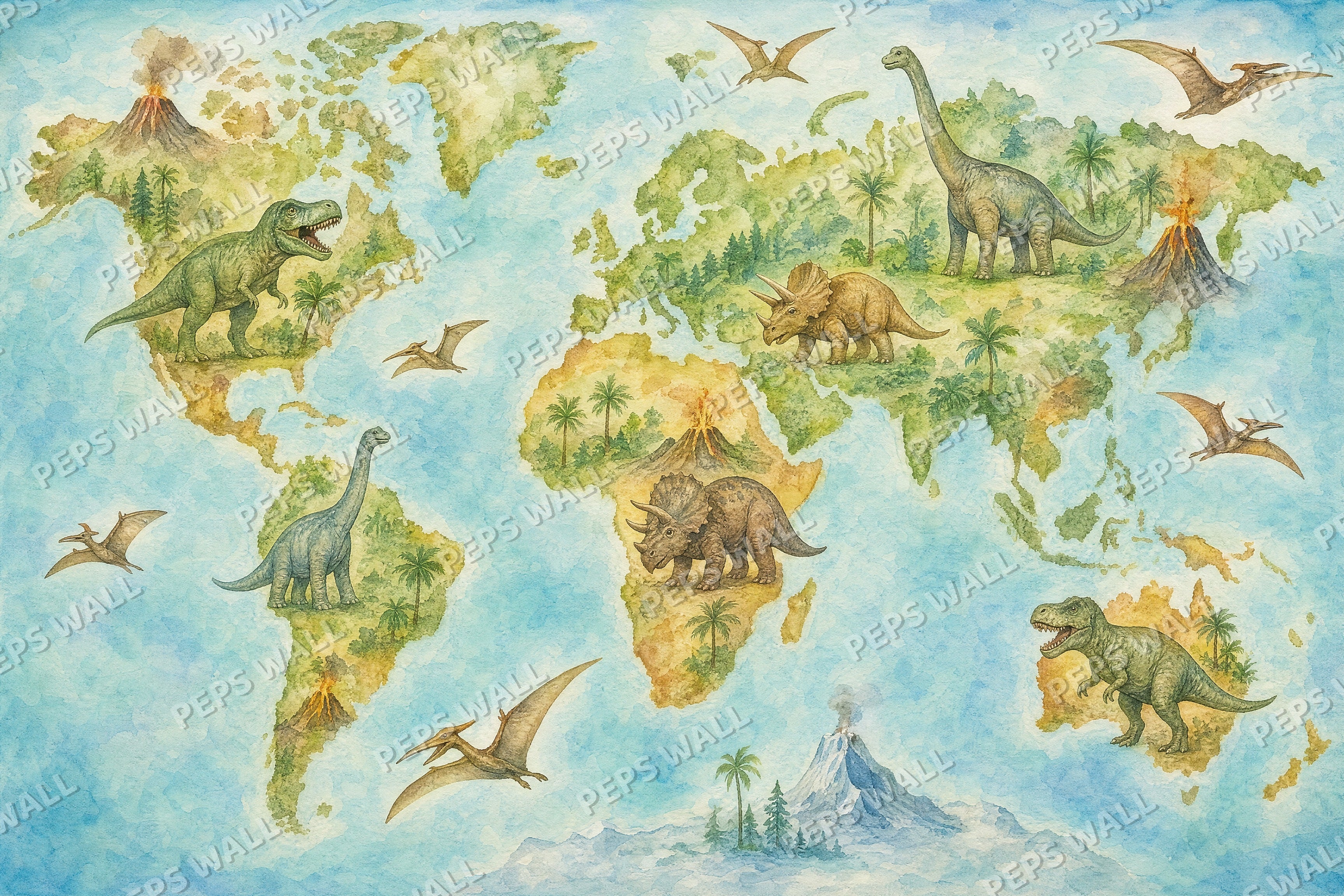Dinosaur World Map - Watercolor full wall mural design