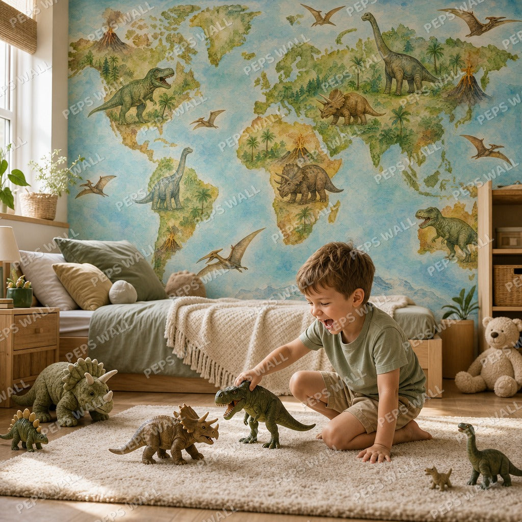 Dinosaur World Map - Watercolor wallpaper mural — kids room mockup