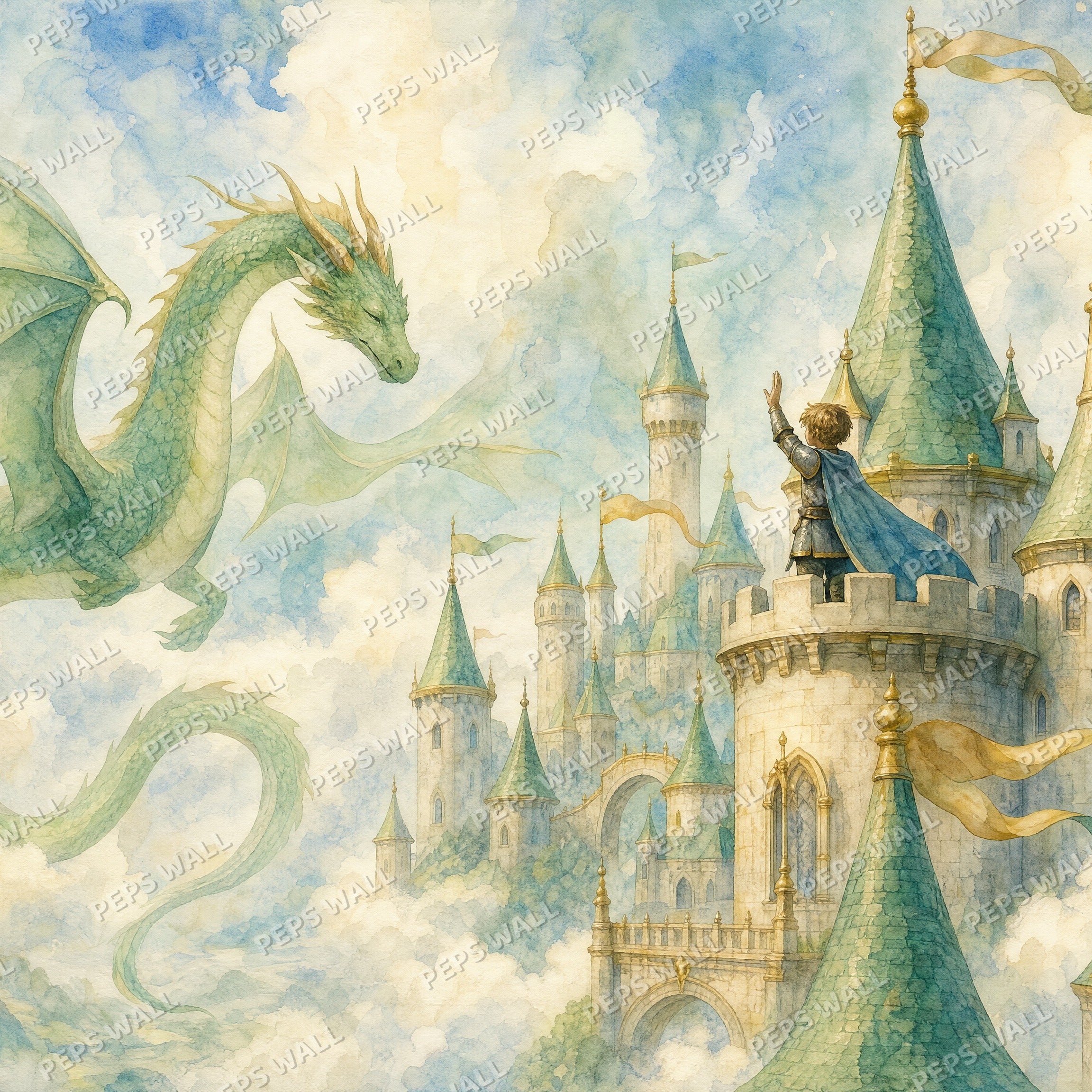 Dragon's Sky Castle - Watercolor wallpaper design