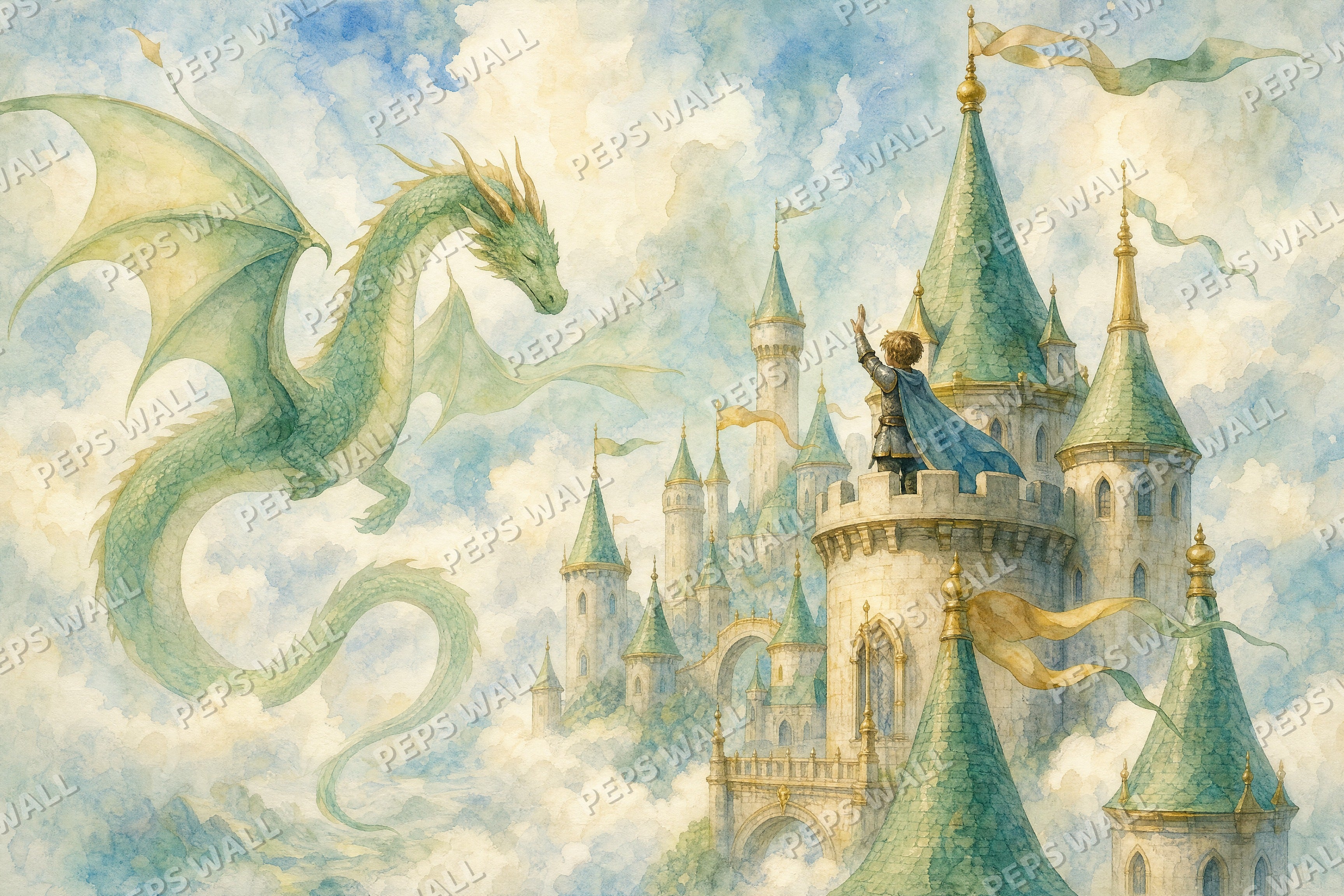 Dragon's Sky Castle - Watercolor full wall mural design
