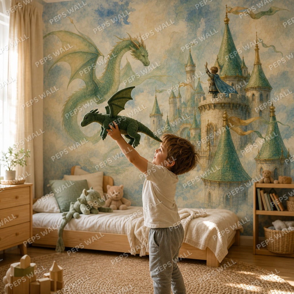 Dragon's Sky Castle - Watercolor wallpaper mural — kids room mockup