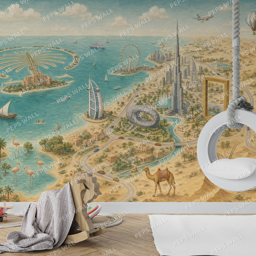Dubai Adventure Map — dubai map wallpaper mural, Peps Wall Dubai