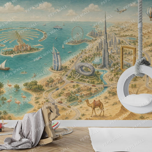 Dubai Adventure Map — dubai map wallpaper mural, Peps Wall Dubai