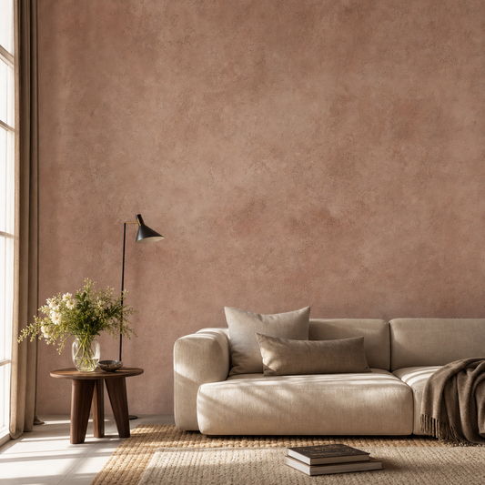 Dusky Pink Plaster living room wallpaper - custom mural printed and installed in Dubai