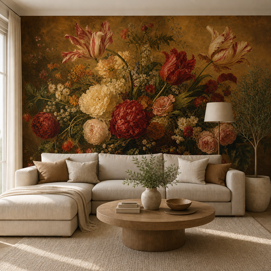Dutch Masters Bouquet wallpaper in a Dubai living room - Peps Wall