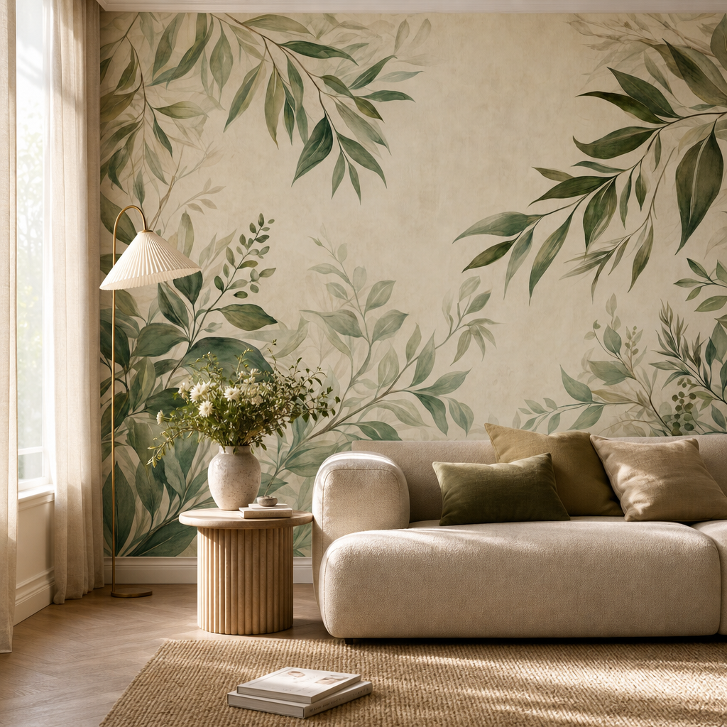 Sage Botanical Drift living room mockup