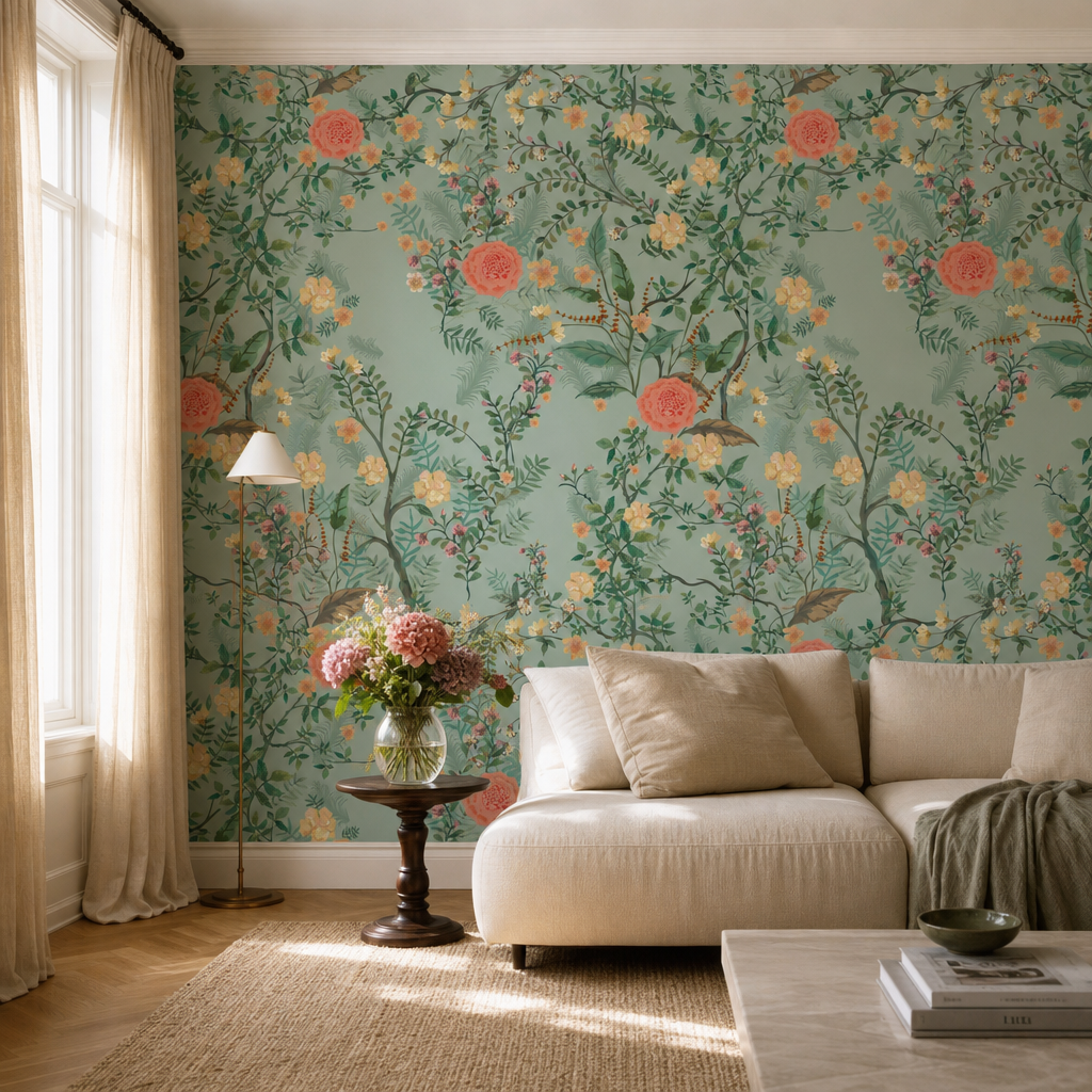 Earlham living room wallpaper - custom mural printed and installed in Dubai