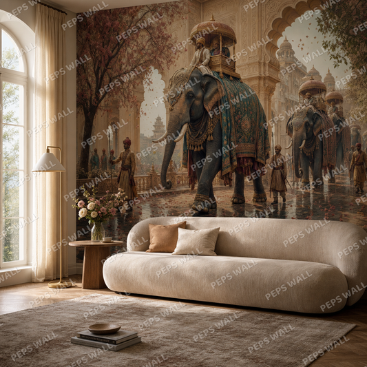 Elephant Procession living room wallpaper - custom mural printed and installed in Dubai