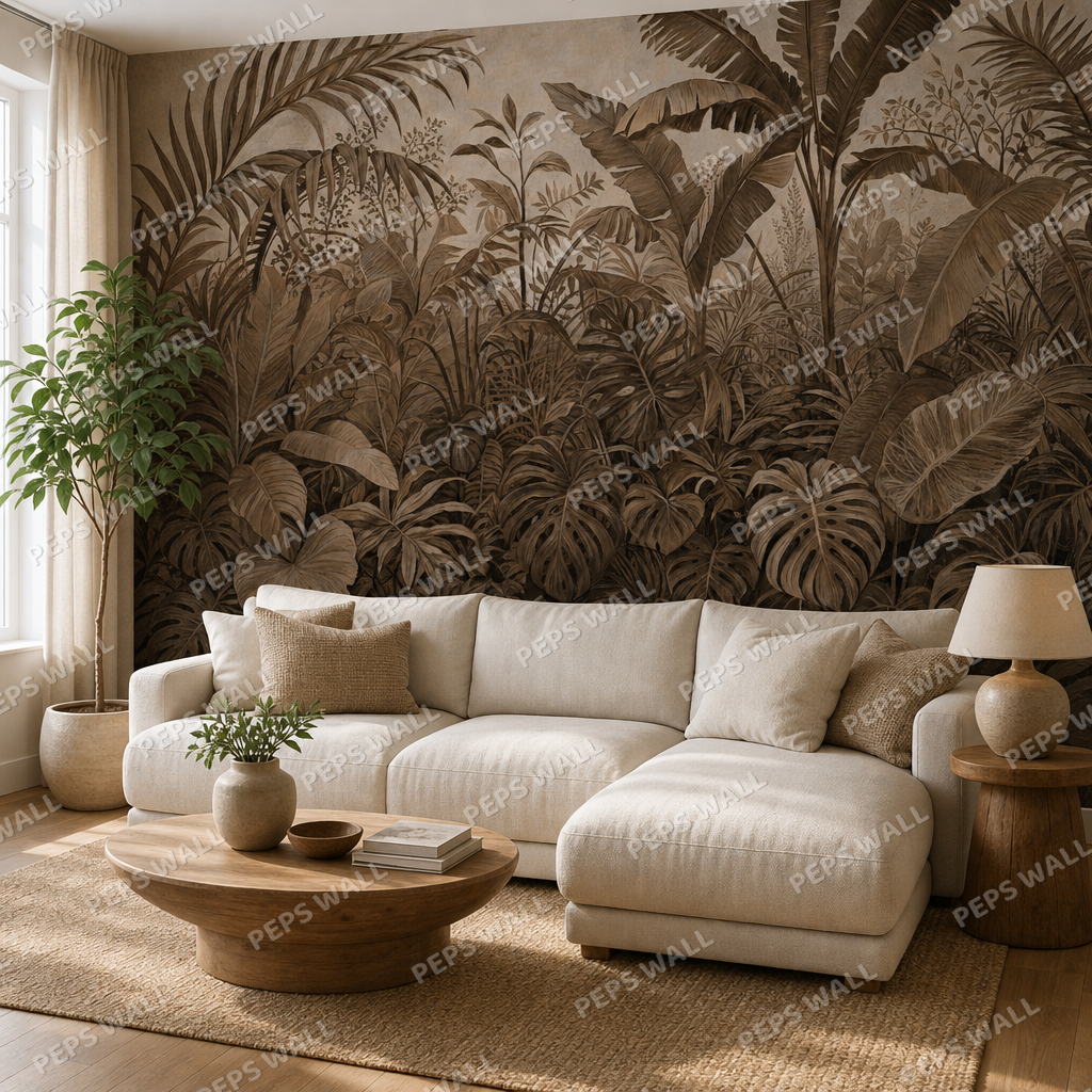 Emerald Jungle in Sepia wallpaper in a Dubai living room - Peps Wall