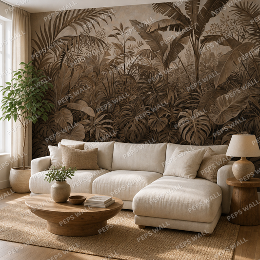 Emerald Jungle in Sepia wallpaper in a Dubai living room - Peps Wall