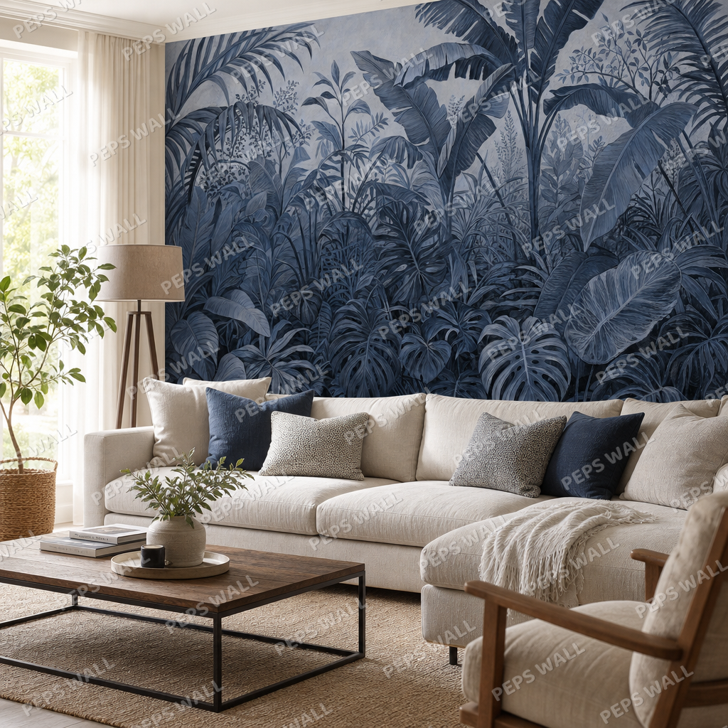 Emerald Jungle in Slate Blue wallpaper in a Dubai living room - Peps Wall