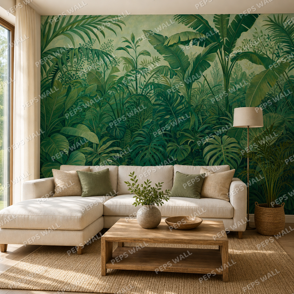 Emerald Jungle wallpaper in a Dubai living room - Peps Wall