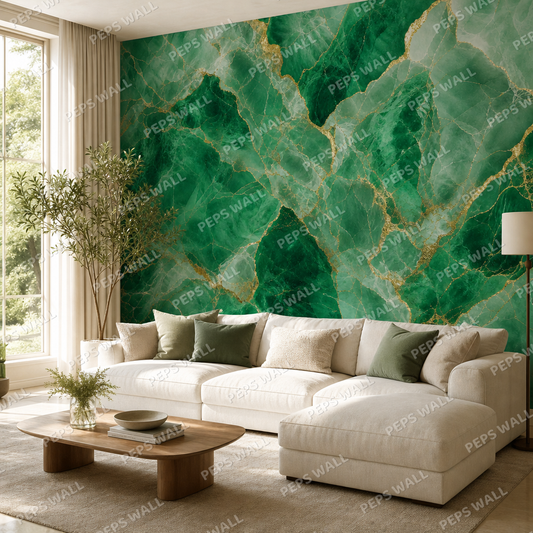 Emerald Marble wallpaper in a Dubai living room - Peps Wall