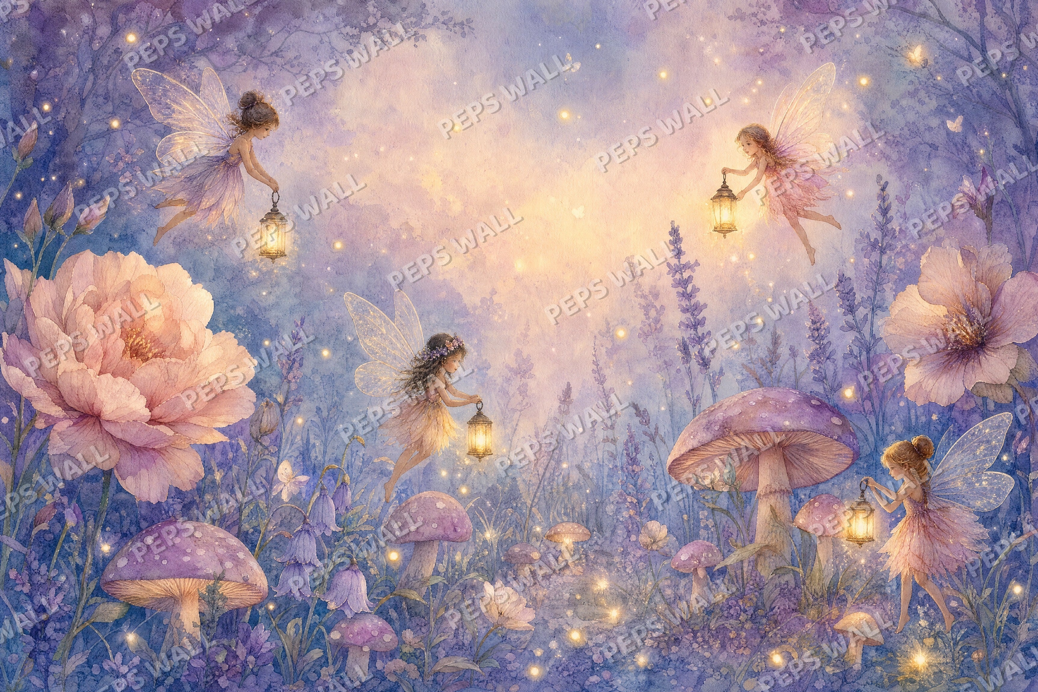 Enchanted Fairy Garden - Watercolor full wall mural design