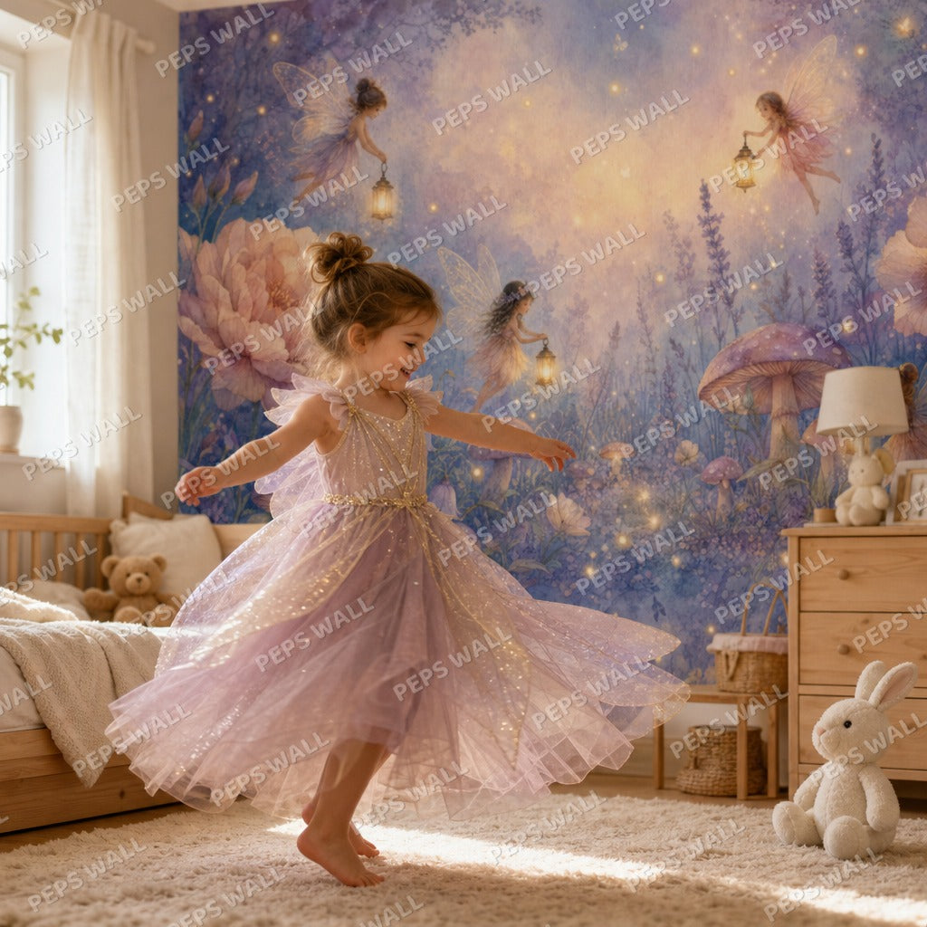 Enchanted Fairy Garden - Watercolor wallpaper mural — kids room mockup