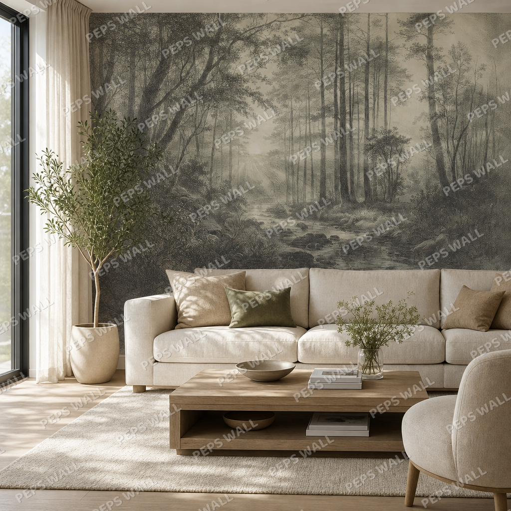 Etched Dawn in Moss Olive wallpaper in a Dubai living room - Peps Wall