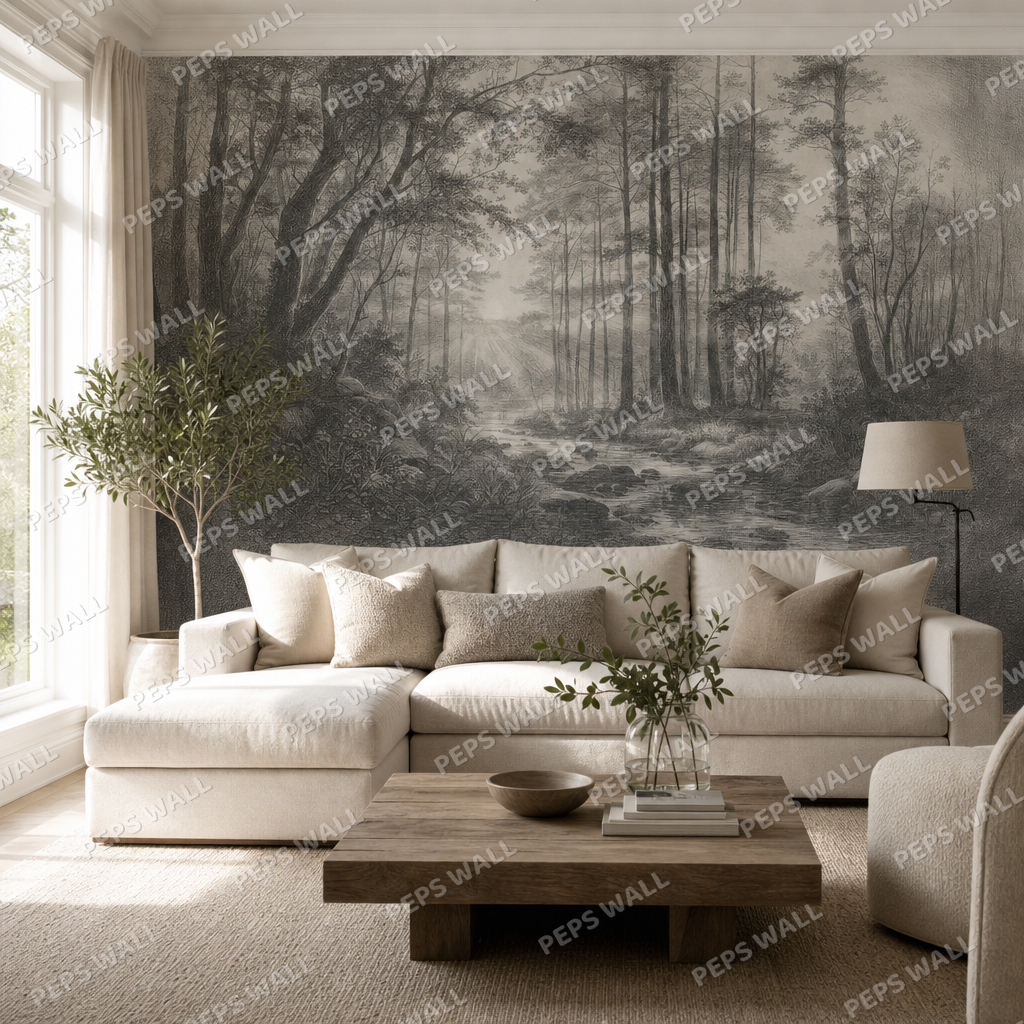 Etched Dawn in Warm Grey wallpaper in a Dubai living room - Peps Wall