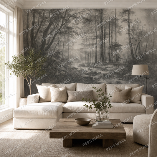 Etched Dawn in Warm Grey wallpaper in a Dubai living room - Peps Wall