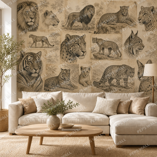Vintage Cat Etchings wallpaper in a Dubai living room - Peps Wall