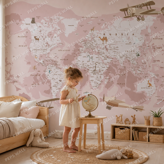 Explorer Map Pink kids room wallpaper - custom mural printed and installed in Dubai
