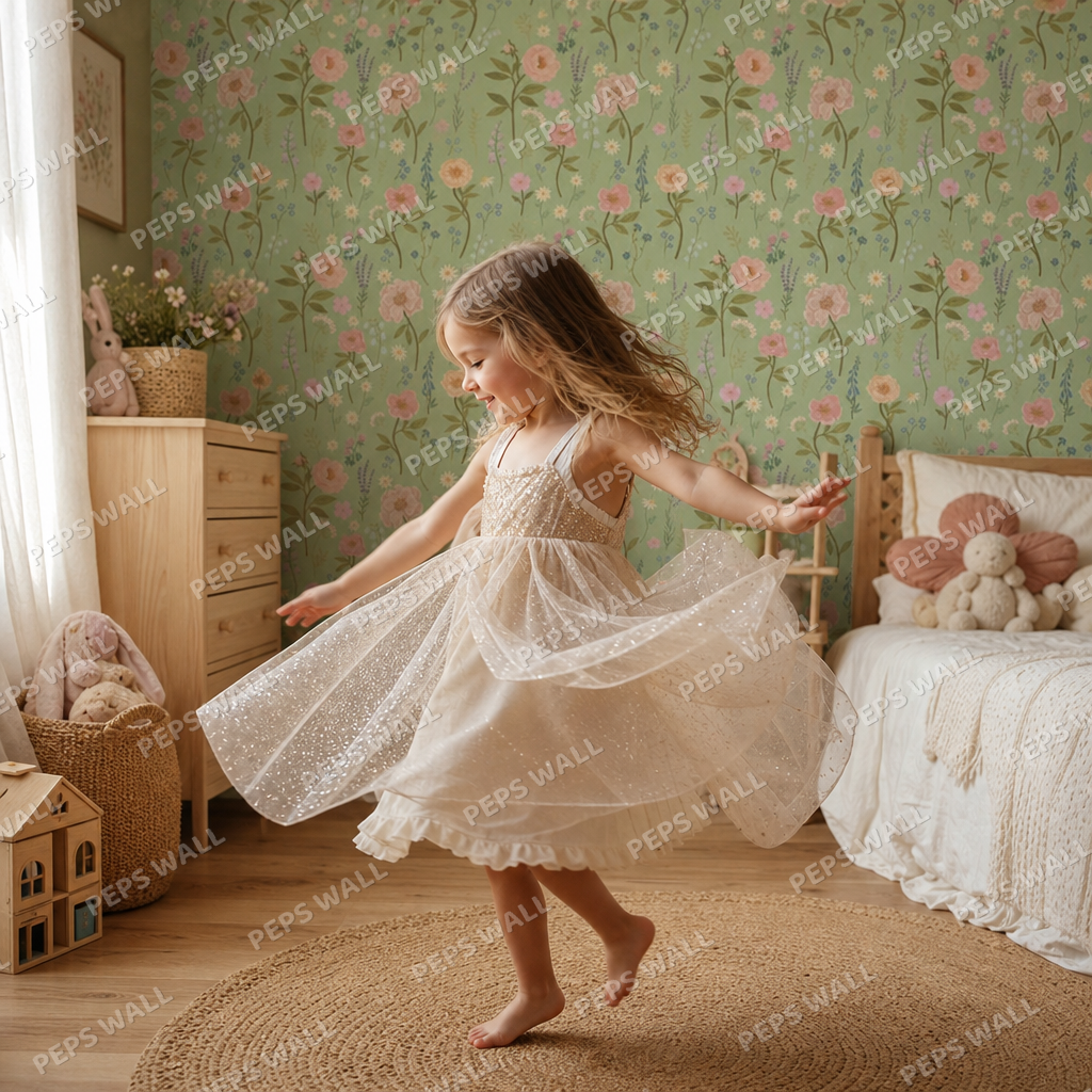 Fairy Flowers - Green kids room wallpaper - custom mural printed and installed in Dubai