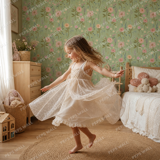 Fairy Flowers - Green kids room wallpaper - custom mural printed and installed in Dubai