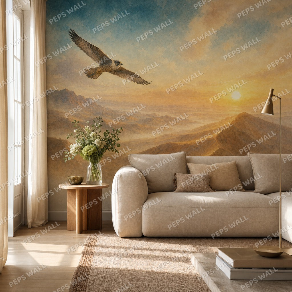 Falcon & Dunes - Watercolor wallpaper mural — living room mockup