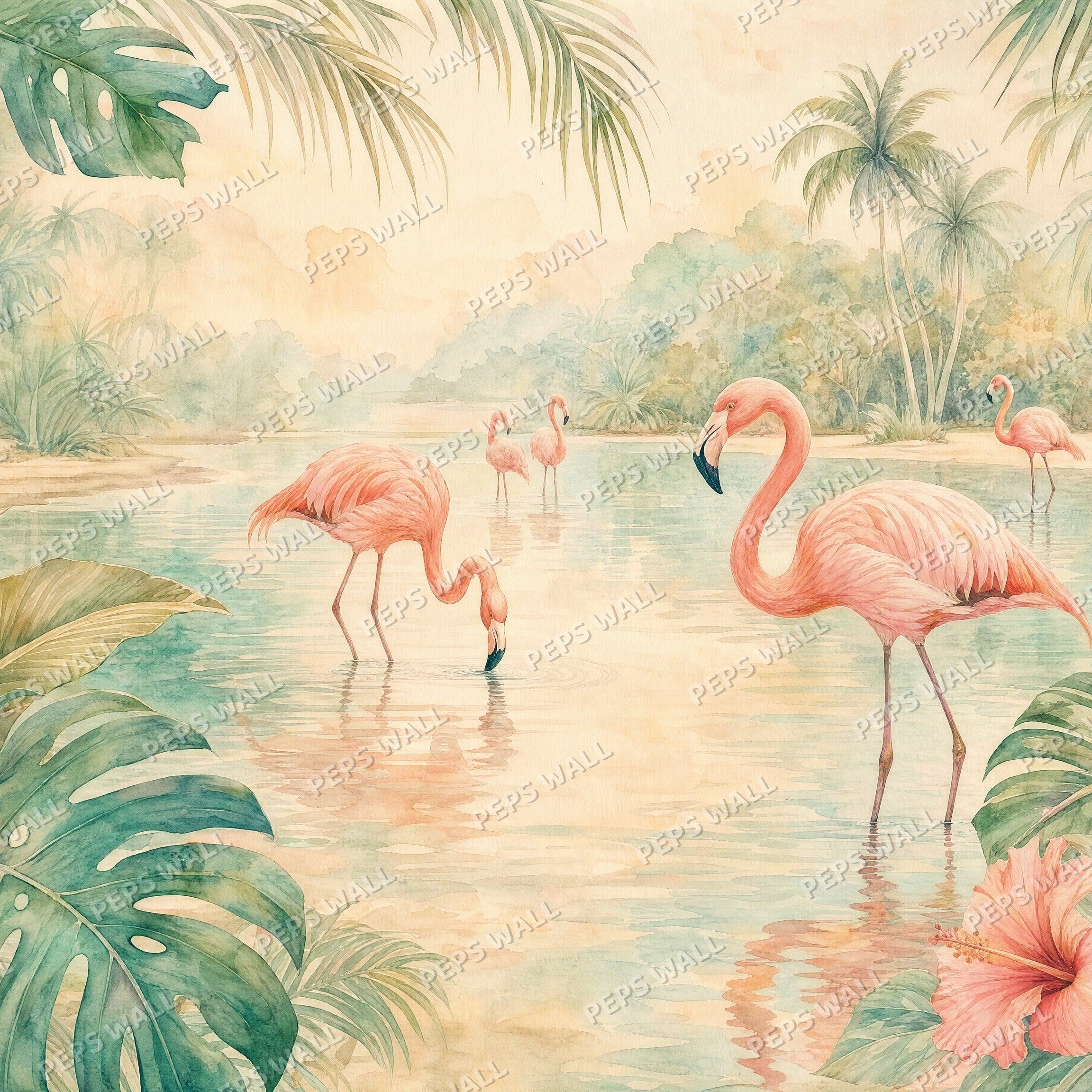 Flamingo Lagoon - Watercolor wallpaper design