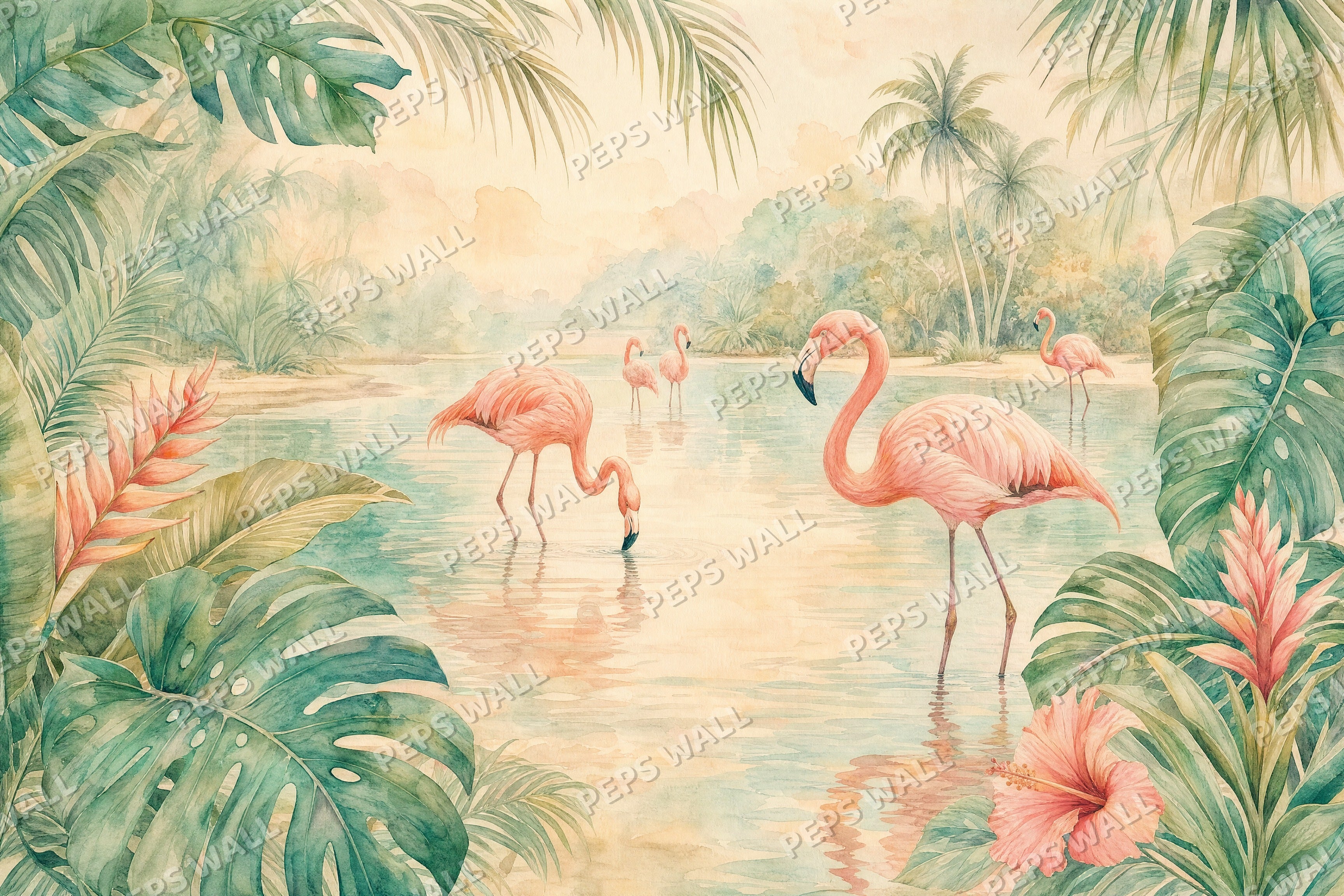 Flamingo Lagoon - Watercolor full wall mural design
