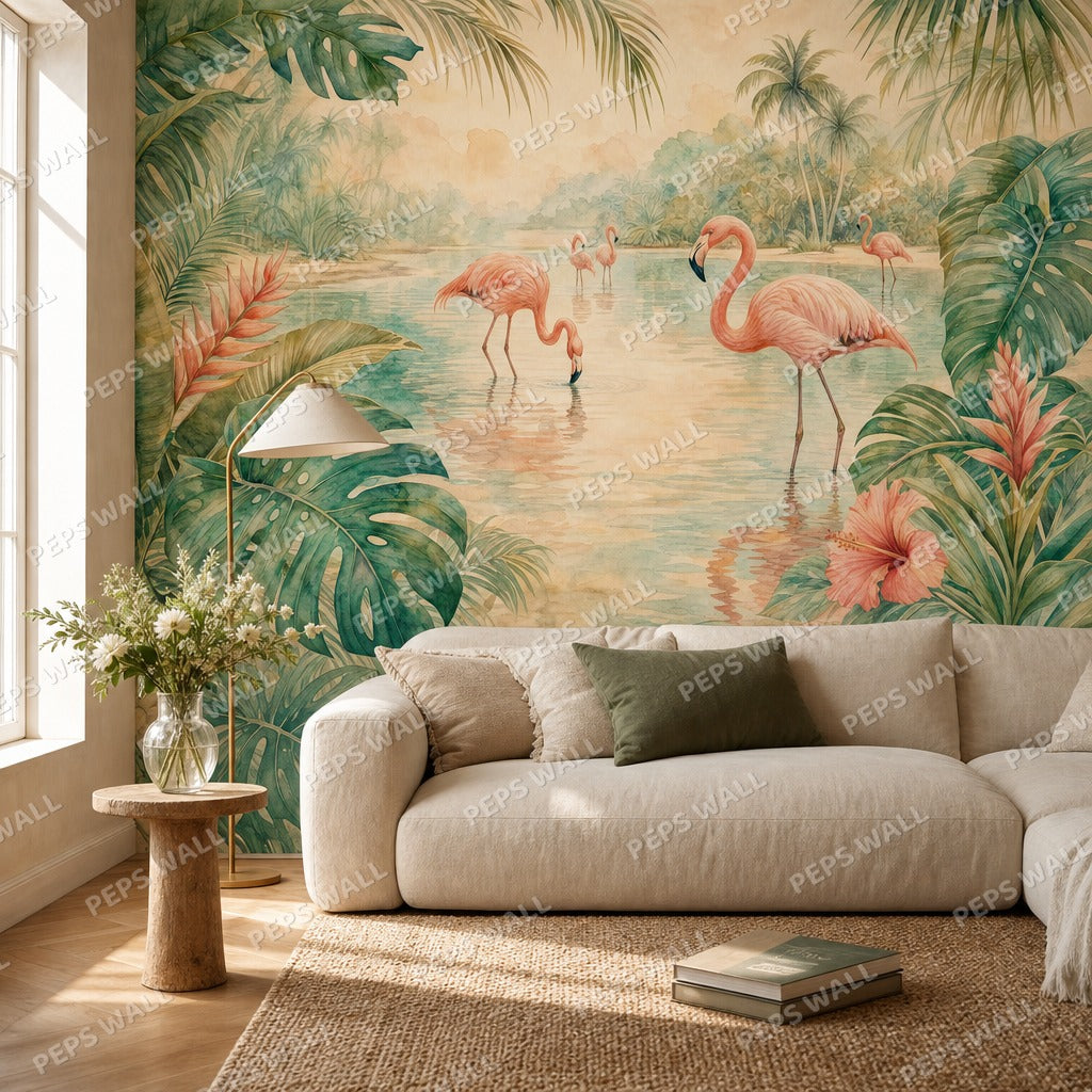 Flamingo Lagoon - Watercolor wallpaper mural — living room mockup