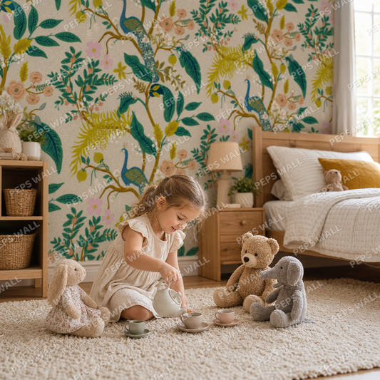 Floral green leaves kids room wallpaper - custom mural printed and installed in Dubai