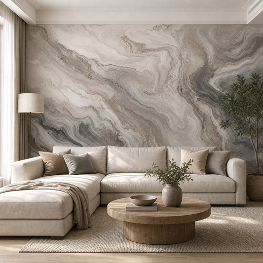 Fluid Neutrals wallpaper in a Dubai living room - Peps Wall