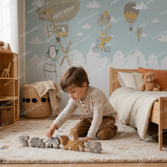 Flying animals over the city - Blue kids room wallpaper - custom mural printed and installed in Dubai