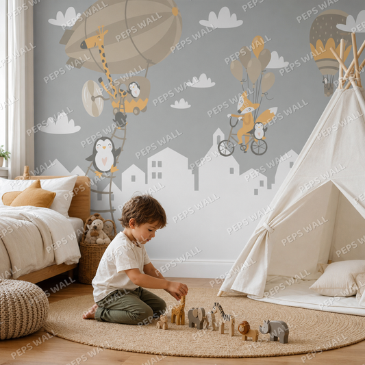 Flying animals over the city - Grey kids room wallpaper - custom mural printed and installed in Dubai