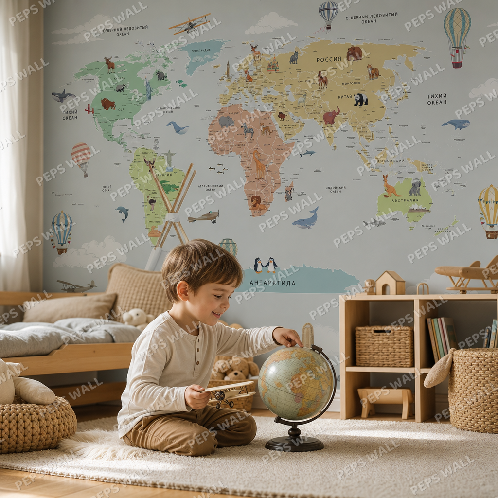 Flying Balloons Maps kids room wallpaper - custom mural printed and installed in Dubai