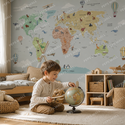 Flying Balloons Maps kids room wallpaper - custom mural printed and installed in Dubai
