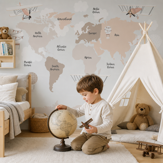 Flying Engines Map kids room wallpaper - custom mural printed and installed in Dubai