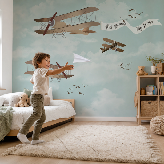 Flying planes kids room wallpaper - custom mural printed and installed in Dubai