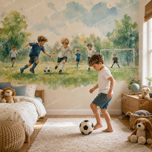 Football Field - Watercolor kids room wallpaper - custom mural printed and installed in Dubai